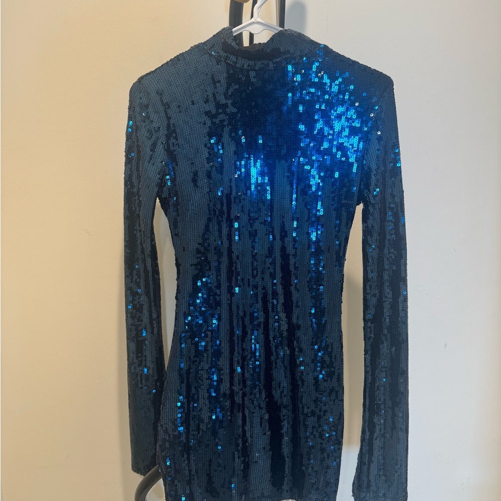 Blue Sequin Long Sleeve Dress